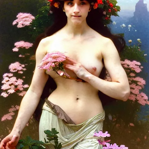 Image similar to a photograph of the most beautiful woman that has ever existed, surrounded by unique natural sightseeing accompanied by the most delicate flowers., highly detailed, digital painting, artstation, concept art, smooth, sharp focus, illustration, art by artgerm and greg rutkowski and alphonse mucha and william - adolphe bouguereau