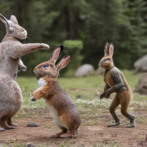 Image similar to intense battle between bipedal bunnies and humanoid eagles