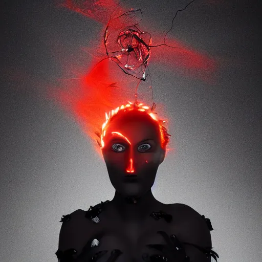 Prompt: Woman made of black flames, wearing a strict business suit, with no face, with glowing red eyes, with a red halo over her head, with red halo glowing out of her wrists, looking off to the side, growing out of a giant rose, rose petals flying in the wind, war, authoritarian, tense, madness combat, strong dramatic cinematic lighting , blood red sky, grey skin, smooth, sharp focus, extremely detailed, illustration, digital painting, artstation, indieground, sharp focus, by Godmachine, alphonse mucha''