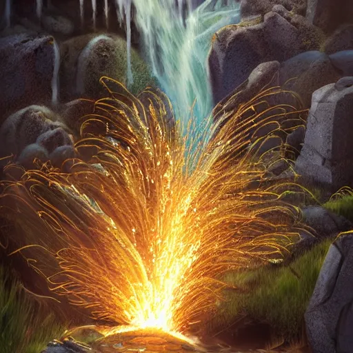 Prompt: waterfall made of molten metal and sparks, fantasy illustration