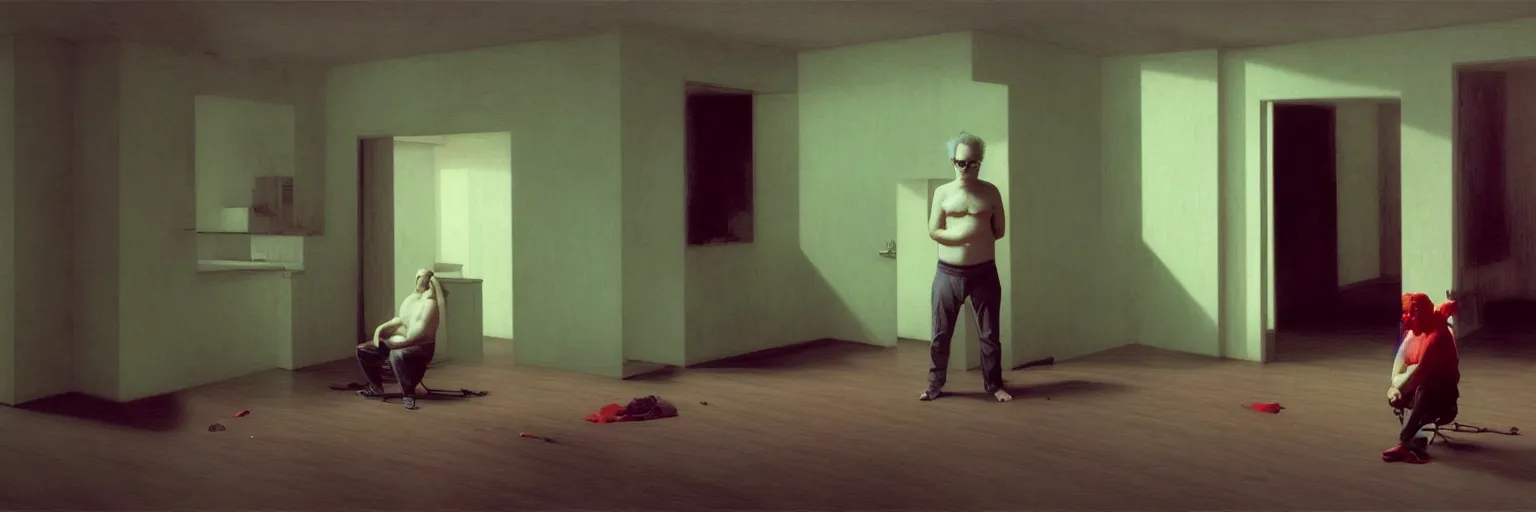 Image similar to weird and disturbing portrait of todd solondz standing alone in an empty appartment, vivid colors, neon, art by gregory crewdson and francis bacon and artgerm and wlop and william - adolphe bouguereau