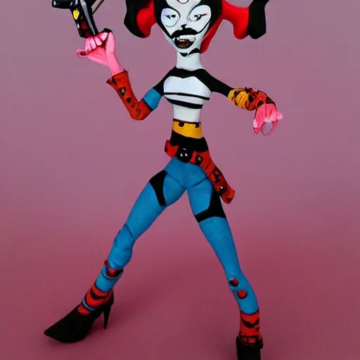 Image similar to Harley Quinn in the style of Tim Burton, Harley Quinn, Claymation, Tim Burton,