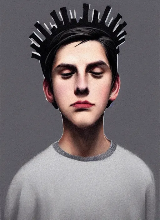 Image similar to portrait of teenage jughead jones wearing a light grey crown, photorealistic, crown, eyes closed, crown, black hair, sweater with letter s on it, letter s, intricate, elegant, glowing lights, highly detailed, digital painting, artstation, concept art, smooth, sharp focus, illustration, art by wlop, mars ravelo and greg rutkowski