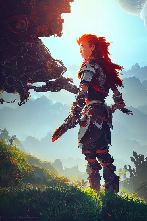 Image similar to combination suit armor aloy horizon forbidden west horizon zero dawn radiating a glowing aura global illumination ray tracing hdr fanart arstation by ian pesty and alena aenami artworks in 4 k tribal robot ninja mask helmet backpack