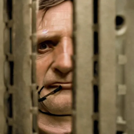 Prompt: medium shot portrait of hannibal lecter locked up in a cell, faded color film, russian cinema, mario testino, tarkovsky, technicolor, shallow depth of field, long brown hair, old clothing, brown color palette, low light, criminal institute, 4 k, dramatic lighting, concept art