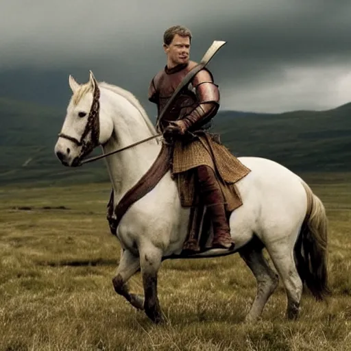 Prompt: medieval druid, matt damon last duel, plains and horses in the background, brown. beige. flask of wine. spear wielding. leather armor