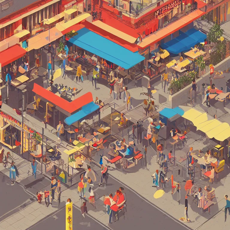 Prompt: isometric view illustration of a very lively restaurant and bar neighborhood , highly detailed, end of the day, by James Gilleard and Bruce Pennington