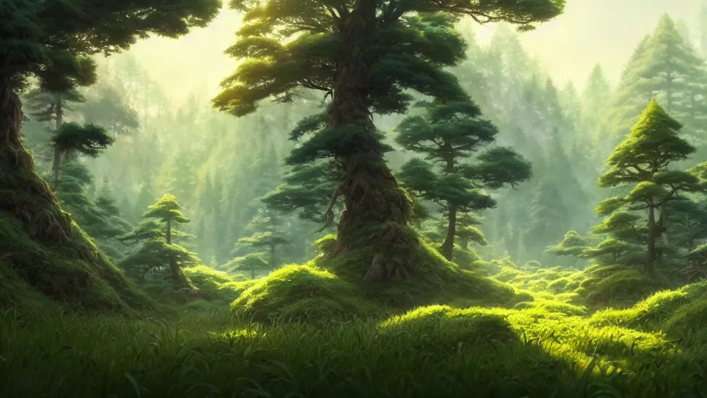 Image similar to forest clearing landscape, studio ghibli, pixar and disney animation, sharp, rendered in unreal engine 5, highly detailed, digital painting, artstation, concept art, smooth, sharp focus, illustration, wide angle, artbook, wallpaper, splash art, promo art, dramatic lighting, art by artgerm and greg rutkowski and bo chen and jin xiaodi