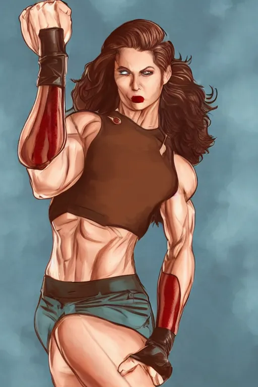 Image similar to a hyper muscular woman, bronze skinned, blue eyes, wearing a black cropped tank top, military pants, brown boots, wavy big red hair, 8 0's hairstyle, red lips, action pose, art by bluethebone, trending on artstation, illustration, action scene, full body