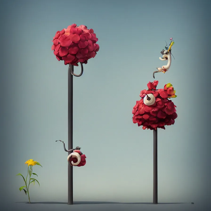 Image similar to Side view of a snail climbing up the pole of the tallest flower in the field, art by Goro Fujita, ilustration, concept art, sharp focus, ArtStation and deviantart