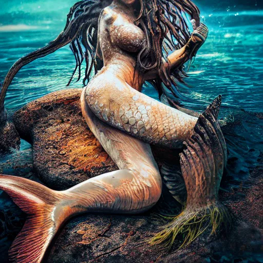 Prompt: a sad mermaid smothered in motor oil and thrash, wildlife photography, ultra realistic, concept art, intricate details, highly detailed, photorealistic, octane render, 8 k, unreal engine,