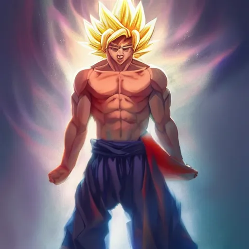 Image similar to Jesus christ transforming in super Saiyan , by Stanley Artgerm Lau, WLOP, Rossdraws, James Jean, Andrei Riabovitchev, Marc Simonetti, Yoshitaka Amano, ArtStation, CGSociety,