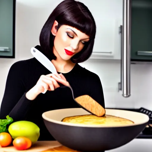 Image similar to image of a beautiful woman with dark hair and bob haircut cooking omelette in the modern kitchen. dynamic lighting.