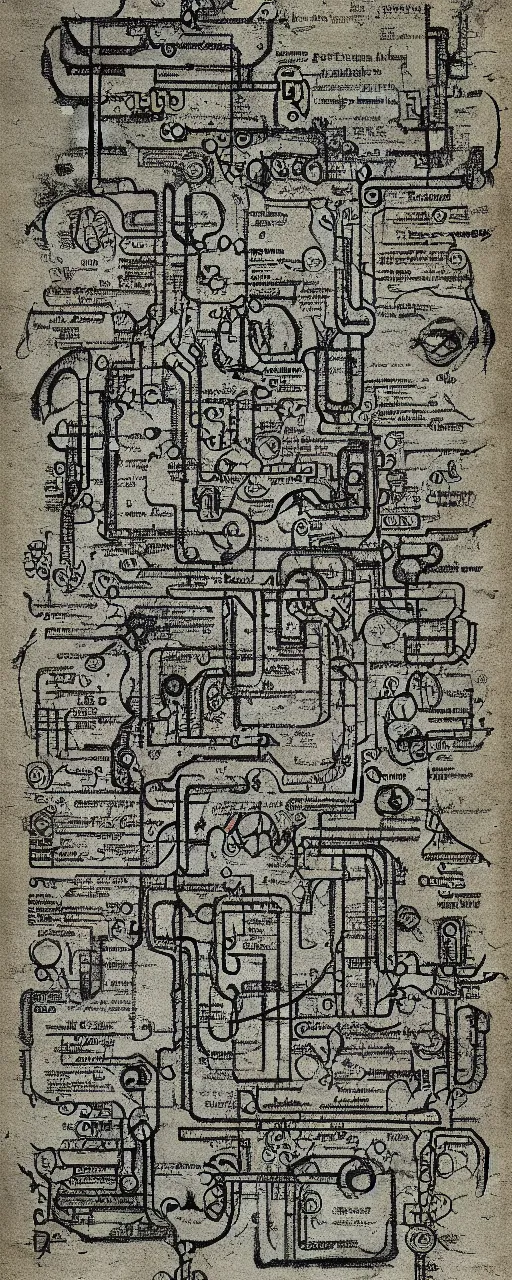 Image similar to a cyberpunk parchment with sketches and matrix rain, ancient text, neon, fractals, recursive, magic, technological, cyberpunk, lovecraft