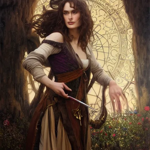 Prompt: Young Keira Knightley with sword and potions drawn by Donato Giancola and Tom Bagshaw, face by Artgerm, overall design by Alphonse Mucha, background by James Jean and Gustav Klimt, light by Julie Bell, 4k, porcelain skin, komorebi, french nouveau, trending on artstation, octane render, hyperrealistic
