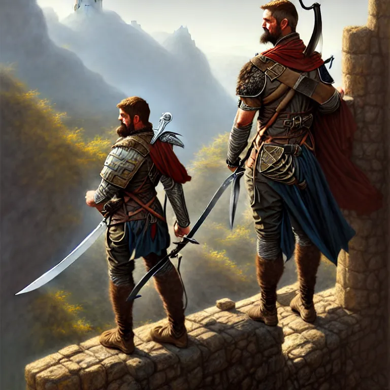 Image similar to middle age ranger with rugged expressions falcon pet on his shoulder holding a long sword, top a cliff observing old ruins of a castle, elegant clothing, photorealistic render, matte painting, highly detailed, artstation, smooth, sharp focus, art by michael whelan, artgerm, greg rutkowski