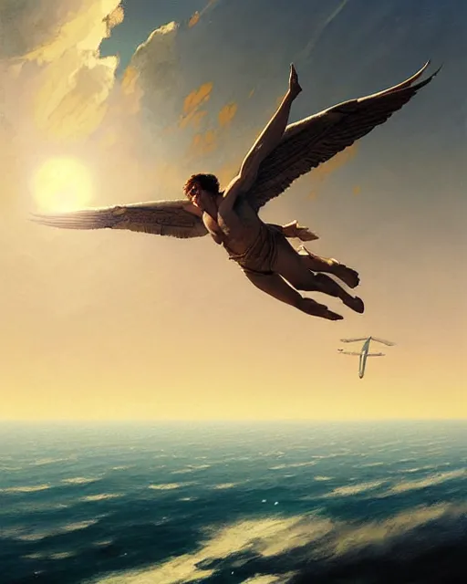 Image similar to icarus flying too close to the sun, fine details, realistic shaded lighting poster by greg rutkowski, magali villeneuve, artgerm, jeremy lipkin and michael garmash and rob rey and jacques - louis david