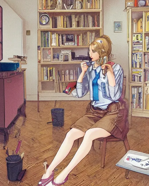 Image similar to illustration depicting a wealthy young mischievous female prep school student with medium length bright blonde hair and pale skin, in an old study room smoking her dad's cigarettes, complex artistic style, color ink pen illustration, subtle detailing, illustrated by Artgerm and Range Murata.