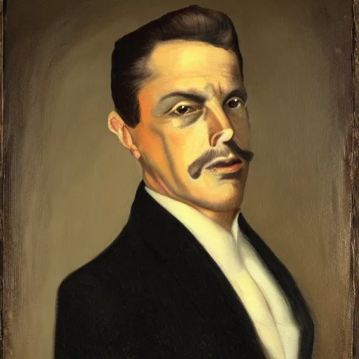 Image similar to A painting of a man in a dark suit, with a stern expression and a dark background, monochromatic.