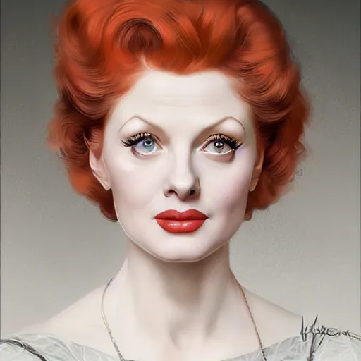 Image similar to beautiful striking Pre-Raphaelite Lucille Ball by Artgerm and Greg Rutkowski, pale, intricate, elegant, highly detailed, digital painting