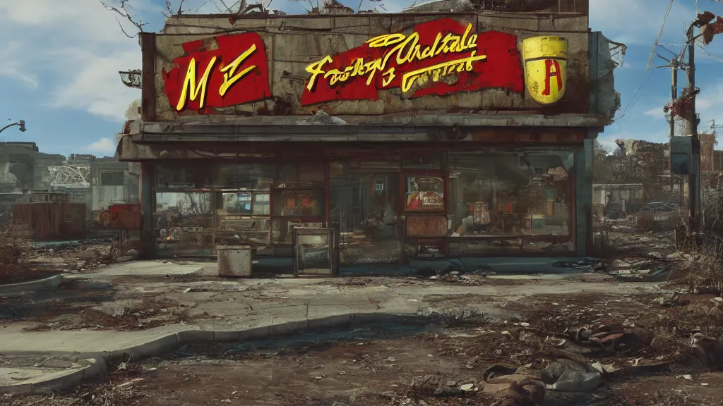 Image similar to post apocalyptic McDonald's, fallout, octane render, 4k