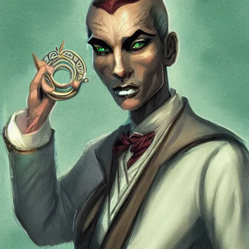 Prompt: male yuan - ti butler wearing monocle, elegant bard, d & d, one green eye, fantasy, portrait, greg rutkowski