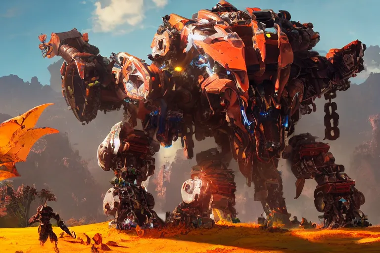 Image similar to behemoth machine mecha animal beast robot made of mango, strawberry, kiwi fruits of horizon forbidden west horizon zero dawn bioluminiscence global illumination ray tracing hdr fanart arstation by sung choi and eric pfeiffer and gabriel garza and casper konefal