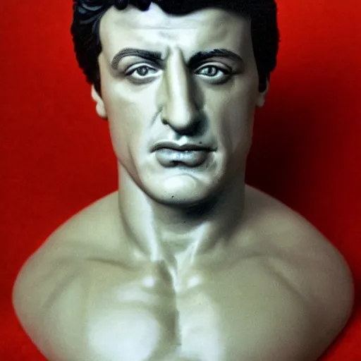 Prompt: porcelain bust of sylvester stallone, photo from the 70s