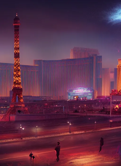 Image similar to realistic matte painting, full length portrait, duchess of blood, night shot of las vegas in background, highly detailed, CGsociety, subtle, concept art, HDR, hyper realistic, volumetric lighting, subsurface scattering, unreal