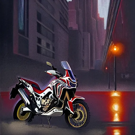 Image similar to honda africa twin at night view of new york in heavy mist, highly detailed, cinematic, hyperrealistic, artstation, concept art