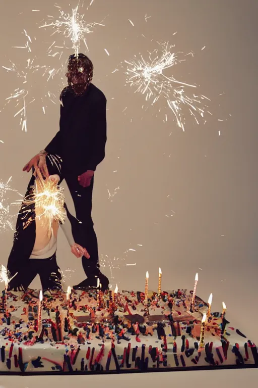 Image similar to margiela campaign featuring artist ben schumacher blowing out all the candles on the birthday cake, sparklers, realistic vfx simulation