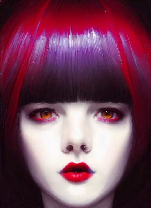 Image similar to portrait of teenage girl, red irises, red eyes, black hair, white bangs, purple lipstick, white bangs, bangs, black hair and white bangs, intricate, elegant, glowing lights, highly detailed, digital painting, artstation, concept art, smooth, sharp focus, illustration, art by wlop, mars ravelo and greg rutkowski