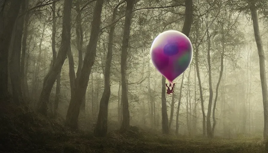 Prompt: A unicorn-shaped!! ballon floats lonely through a dark foggy Forest, Digital Art, Photorealism, Hyper Realistic, Hyperdetailed, Movie Screenshot, iMAX Quality