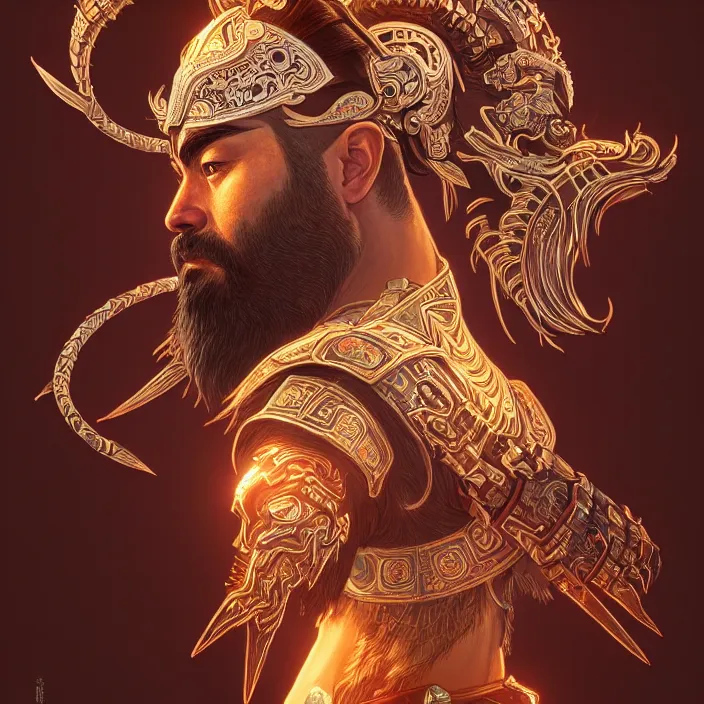 Prompt: symmetry! portrait of a bearded warrior, face decorated with chinese opera motifs, leds horizon zero dawn machine, intricate, elegant, highly detailed, digital painting, artstation, concept art, smooth, sharp focus, illustration, art by artgerm and greg rutkowski and alphonse mucha, 8 k