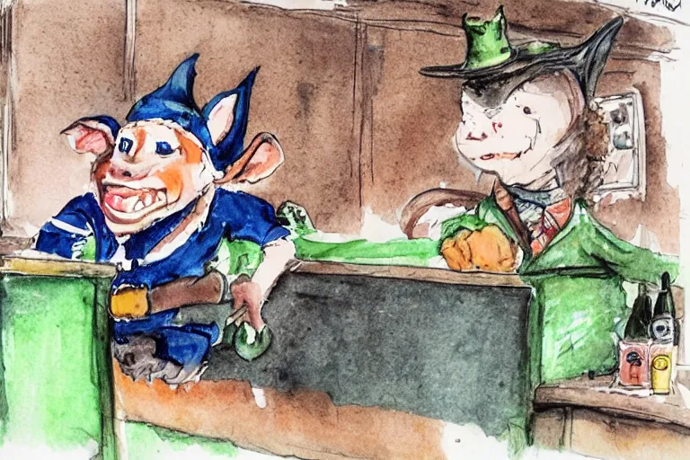 Prompt: A goblin dressed as a merchanic riding a train in a bar, watercolors by 5 year old