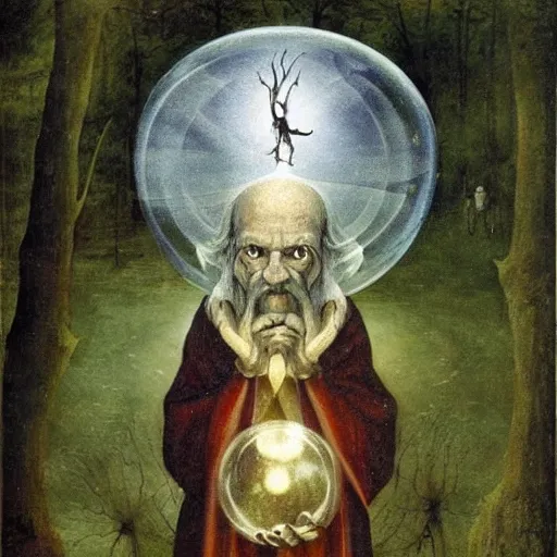 Prompt: an old wizard trapped inside a floating soap bubble among the trees, ethereal, fantasy, style of hieronymus bosch, dramatic lighting