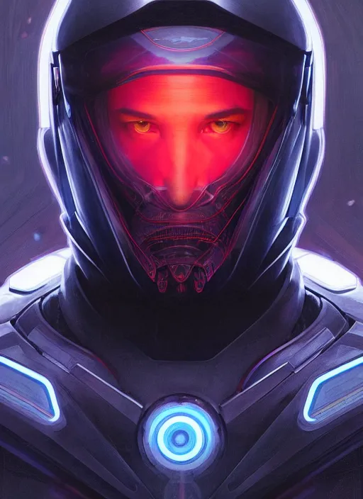 Image similar to Symmetry!! portrait of keanu reeves, sci-fi armour, tech wear, glowing lights!! sci-fi, intricate, elegant, highly detailed, digital painting, artstation, concept art, smooth, sharp focus, illustration, art by artgerm and greg rutkowski and alphonse mucha