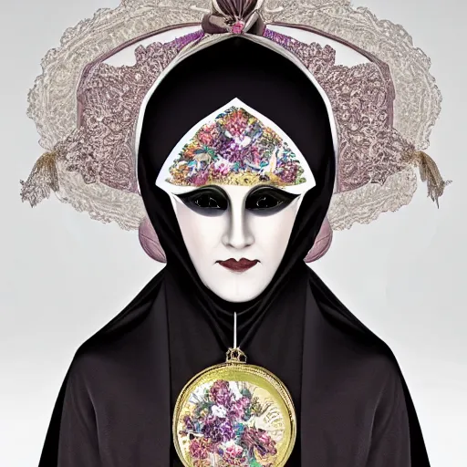 Image similar to beautiful female character inspired by venice carnival and nun | | digital artwork made by greg rutswork and lois van barlee, symmetrical, anatomically correct