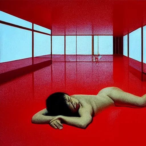 Prompt: Kiko Mazuhara full body laying in a blood red pool of water between a golden mirror frame, outside is space and inside the mirror frame is a beautiful landscape. Hyperrealistic surreal 4K IMAX Rene Margritte intricate, elegant, highly detailed, digital painting, artstation, concept art, smooth, sharp focus, illustration, art by artgerm and greg rutkowski and alphonse mucha