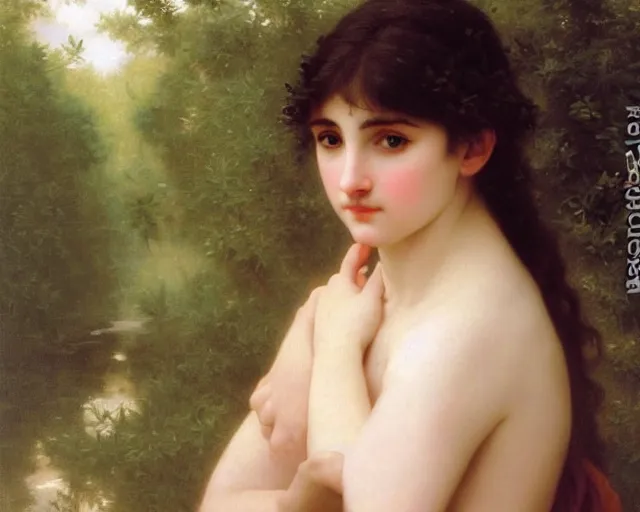 Image similar to beautiful glorious realistic oil painting of young enya, bokeh, baroque style by bouguereau, sunset, highly detailed and photorealistic, 8 k high detail and intricate