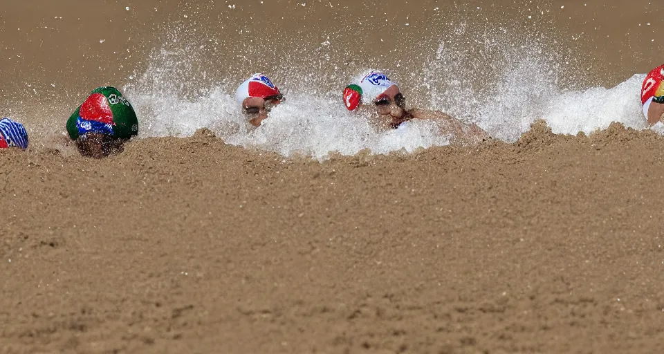 Image similar to olympic swimming in sand instead of water, extremely coherent, motion blur