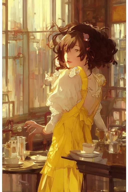 Image similar to A girl in a maid's outfit in a cafe a afternoon, wavy hair yellow theme,S line,45 angel by krenz cushart and mucha and greg rutkowski