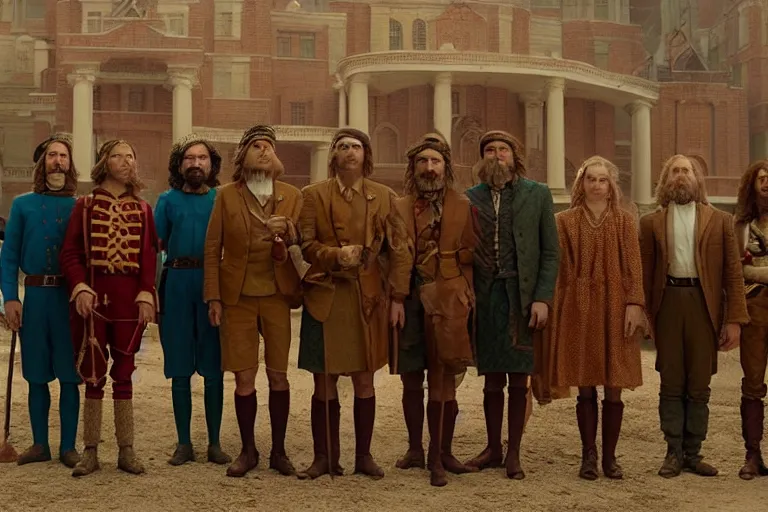 Image similar to A group of 5 adventurers lined up for a group portrait, Screenshot of Wes Anderson's New High Fantasy Movie, directed by Wes Anderson, Chest high, Photo realistic, Regal, Formal, Cinematic, Symmetrical, Satisfying dynamic lighting, Highly Detailed, Cinematic Lighting, 8k, HD