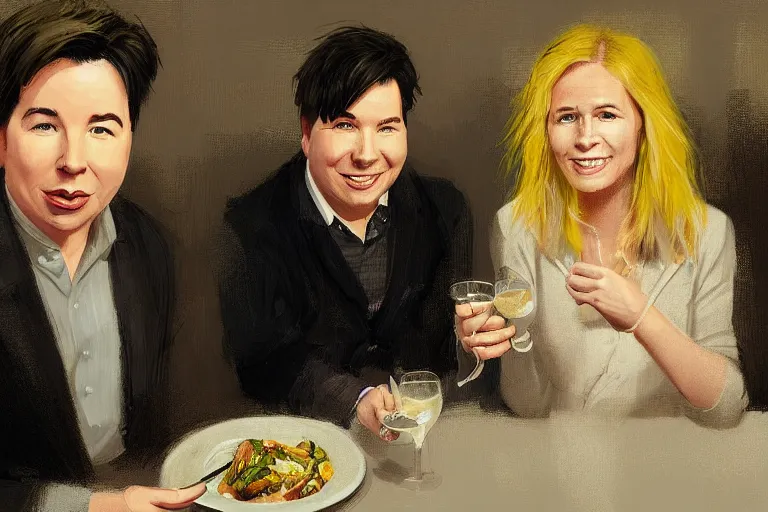 Prompt: portait of michael mcintyre and middle aged blonde woman with short hair and a blonde woman with long hair having dinner at sunday in brooklyn restaurant, greg rutkowski