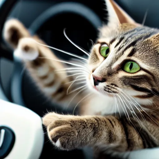 Image similar to cat driving a car with its paws on the wheel, photo, detailed, 4k