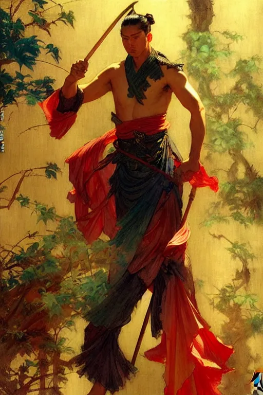 Prompt: wuxia, attractive male, character design, colorful, painting by gaston bussiere, craig mullins, j. c. leyendecker, tom of finland