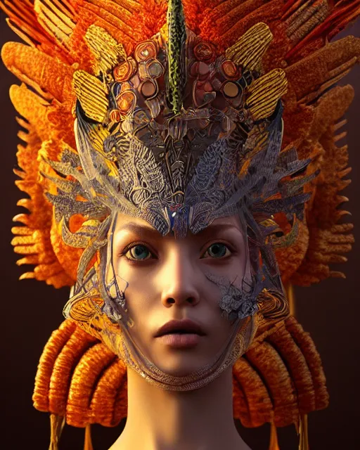 Prompt: 3 d warrior goddess close - up profile portrait. beautiful intricate highly detailed chuu!! magpie helm and richly embroidered blouse, quetzalcoatl, bioluminescent, plasma, lava, ice, feather, windy, artwork by tooth wu and wlop and annie leibovitz, octane 3 d render