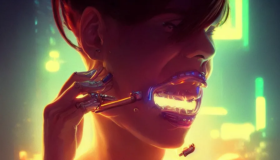 Image similar to pixelated mouth, scream, cyberpunk angry gorgeous goddess, , cigar, neon, alterd carbon, fibonacci, sweat drops, insane, intricate, highly detailed, digital painting, artstation, concept art, smooth, sharp focus, illustration, Unreal Engine 5, 8K, art by artgerm and greg rutkowski and alphonse mucha