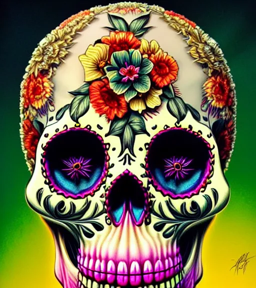 Prompt: a gorgeous fancy skull lady by dan mumford and gil elvgren, highly detailed, sugar skull, hyperrealism, intricate details, exceptional beauty, fool, vector art, attractive, striking, lovely