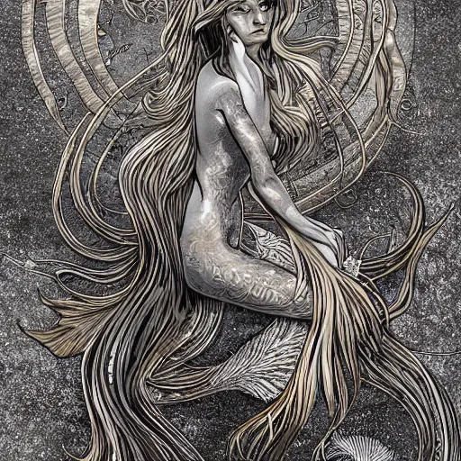 Image similar to gold and silver tones, mermaid, style of moebius, james jean, rutkowski, mcbess, cinematic, high detail, award winning, 8 k photorealistic